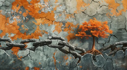  Stock Illustration of "Breaking the Cycle of Abuse" in Burnt Orange and Cool Gray, Tree Growing from Shattered Chains Symbolizing Freedom and Healing