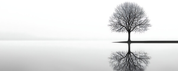 Fototapeta premium A black and white minimalist photograph featuring a solitary leafless tree standing on a shoreline with a perfect mirror reflection on a calm foggy lake in a serene landscape.