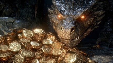 A mythical creature with a pile of shining coins, dark background, glowing eyes, detailed scales, fantasy digital art style, close up view