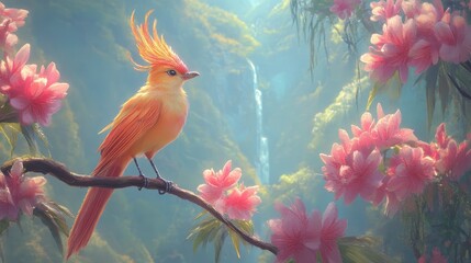 Mythical bird perched on branch amidst pink blossoms, waterfall visible in background, pixel art style, soft lighting, colorful, nature scene