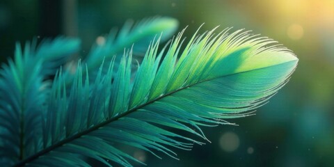 Obraz premium Close-up view of a vibrant teal frond, illuminated by soft sunlight, showcasing intricate details and textures of nature's artistry