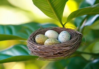 Fototapeta premium Nest with speckled eggs nestled among lush green leaves, soft sunlight highlights the scene, creating a tranquil and peaceful atmosphere