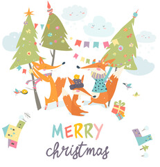 Funny foxes friends celebrating Christmas. Vector illustration