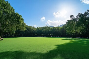Obraz premium Serene Sunlit Park Landscape Featuring Lush Green Grass and Majestic Trees