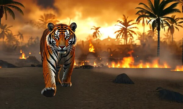 Majestic tiger walking through a fiery landscape with palm trees and smoke in the background