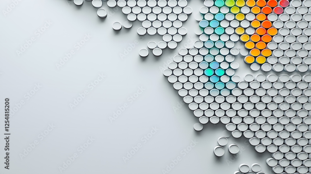 Poster colorful paint dots arranged in a mosaic pattern on a light gray background creating a vibrant abstr