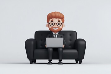 A cheerful 3D cartoon businessman working on his laptop while sitting on a sleek black sofa. Perfect for office, freelance, or digital workspace themes. Bright, modern, and professional