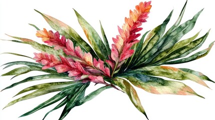 Watercolor tropical ginger flowers bouquet, white background, floral design, print
