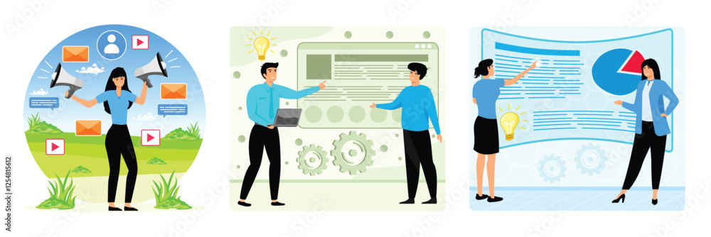 Poster promoting social media communication. a team analytic brainstorming method. business process automat
