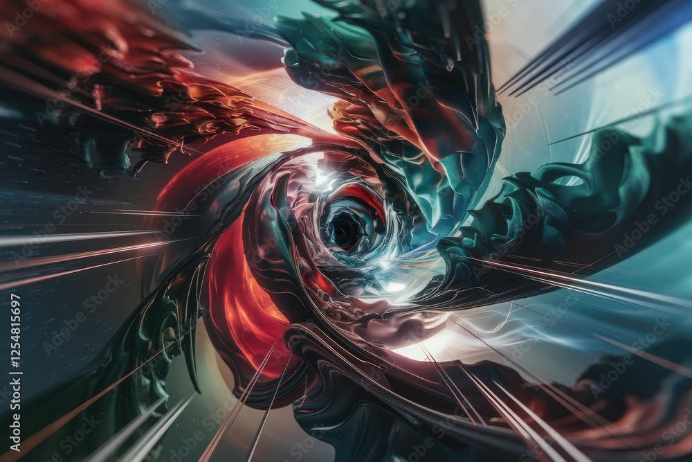 Poster abstract swirling vortex of dark teal, red and black paint, creating a psychedelic tunnel effect.