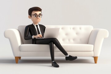 A cheerful 3D cartoon businessman working on his laptop while sitting on a sleek black sofa. Perfect for office, freelance, or digital workspace themes. Bright, modern, and professional