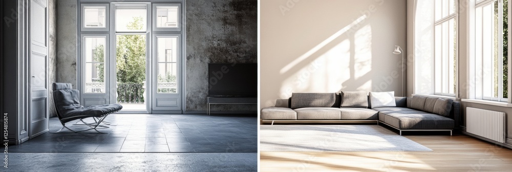 Poster old dark interiors contrast with bright modern design in a room transformation showcasing style evol