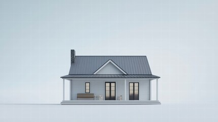 Dream Home Model: A charming miniature farmhouse model with a gray roof and porch, sits invitingly against a pale blue backdrop. The image evokes feelings of comfort, aspiration.