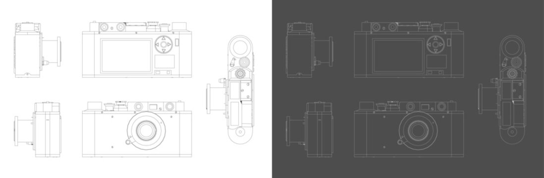 Technical Line Drawing of a Vintage Digital Camera in Multiple Views with Blueprint Style