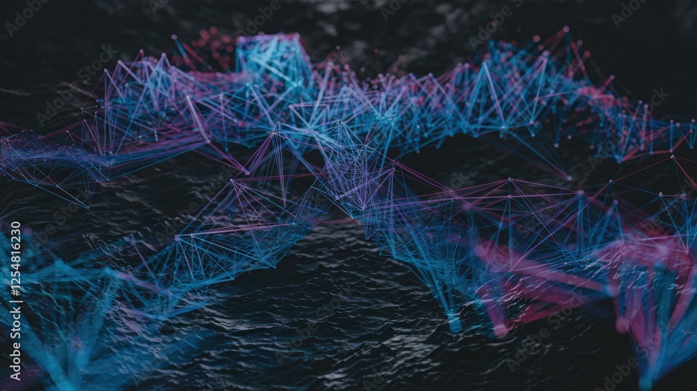 Poster abstract digital landscape with interconnected nodes forming a complex network, glowing in blue and 