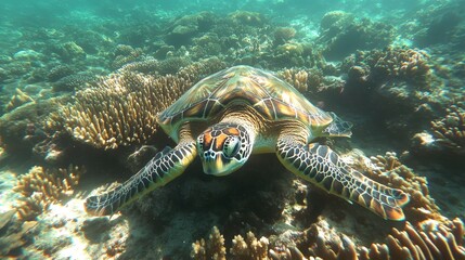 Fototapeta premium Sea turtle swimming over coral reef, underwater scene, sunlight filters through water, marine life, tropical fish and coral, tropical waters, sea