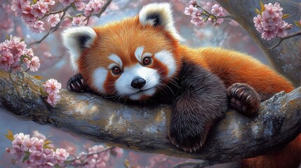 Adorable small mammal resting on a branch amidst blossoming spring flowers, showcasing soft colors and intricate details