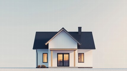 Suburban Dream: A cozy, modern single-family home with a classic design sits proudly against a backdrop of serene skies. The well-maintained exterior, featuring a pitched roof, large windows.