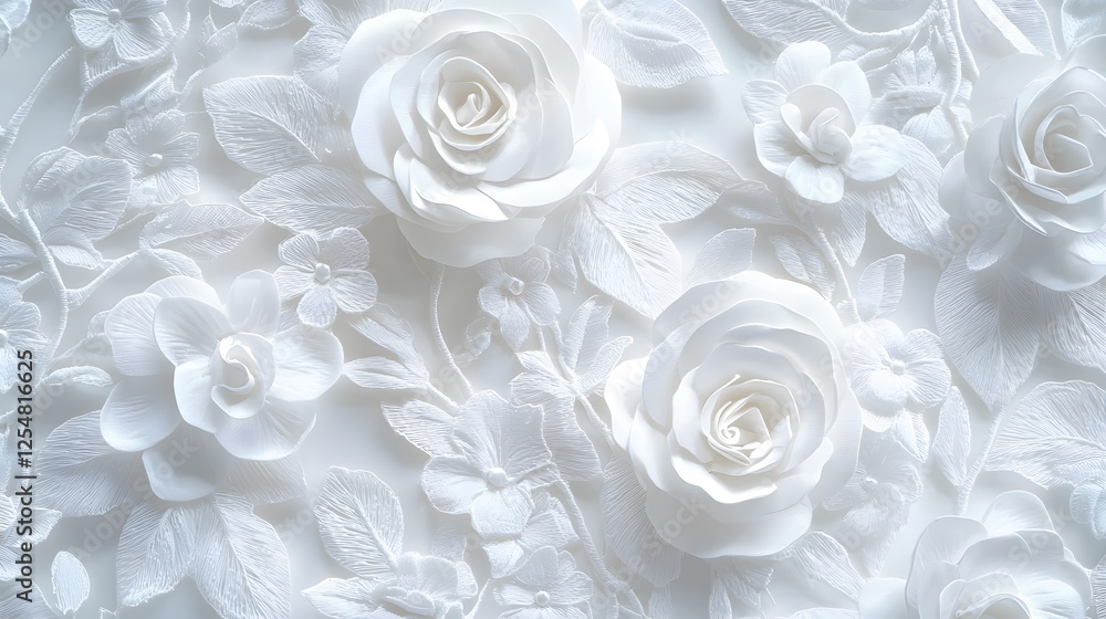 Poster elegant white roses and floral elements on a soft textured background creating a serene atmosphere.