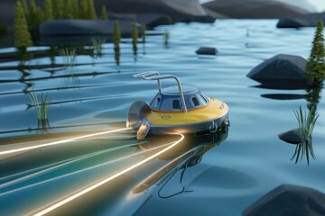 A futuristic yellow submarine glides across a serene lake, leaving a glowing trail.