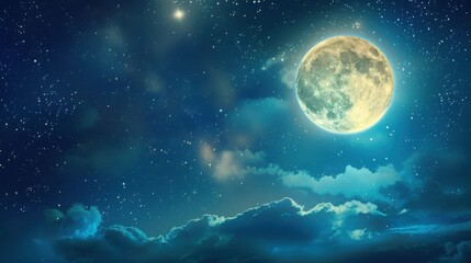 Stock Illustration of "Crypto Mooning and the Dream of Instant Wealth" in Deep Cosmic Blue and Glowing Silver, Golden Bitcoin Floating Toward the Moon