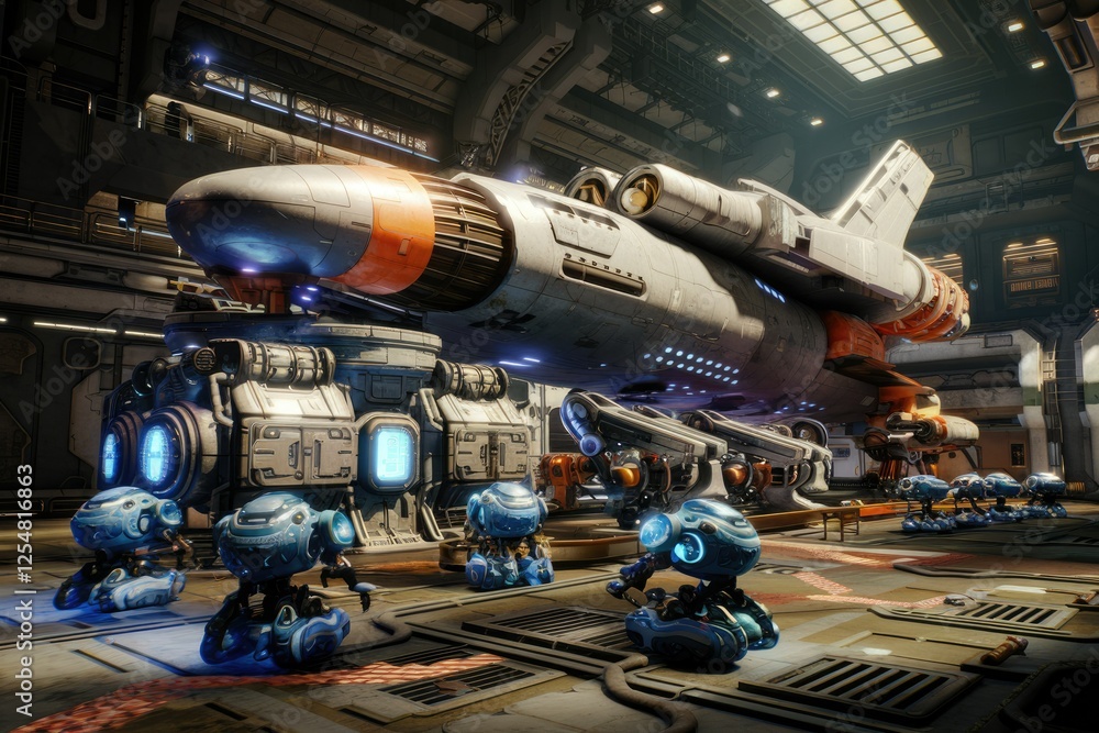 Poster a futuristic spaceship undergoes maintenance in a hangar bay, surrounded by small robots.