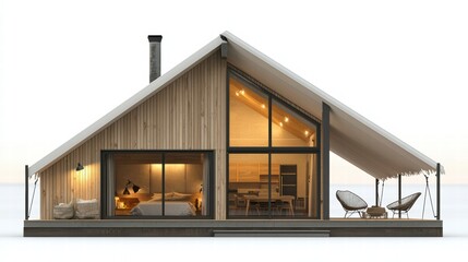 Fototapeta premium Modern Cabin Design: A contemporary cabin home exterior with a minimalist aesthetic, showcasing large windows, wooden paneling, a sleek design, and an inviting open-plan layout.