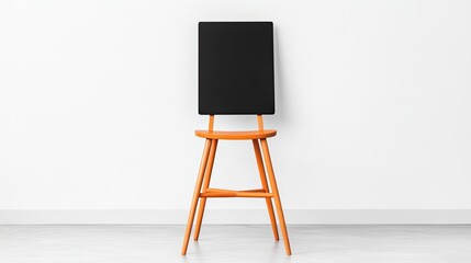 Minimalist display of an empty blackboard on a modern orange chair against a white wall