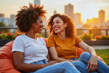 Two women sharing laughter in rooftop garden at sunset, empowerment