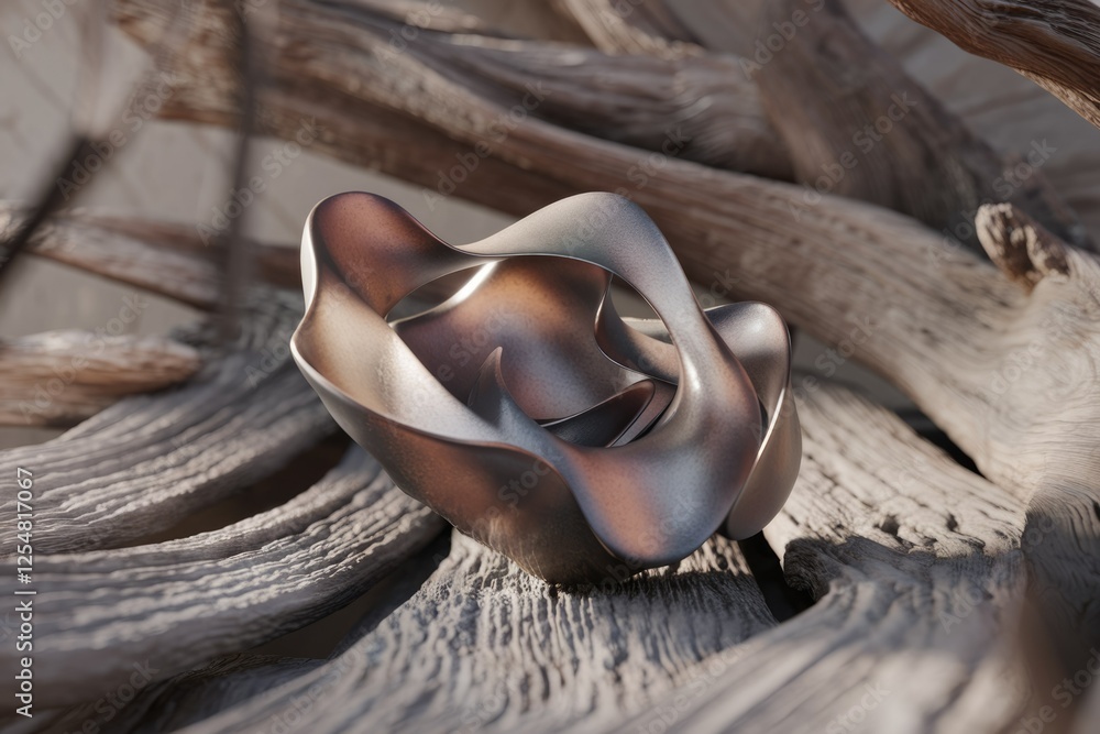 Aufkleber abstract metallic sculpture resting on weathered driftwood, showcasing intricate curves and a bronze