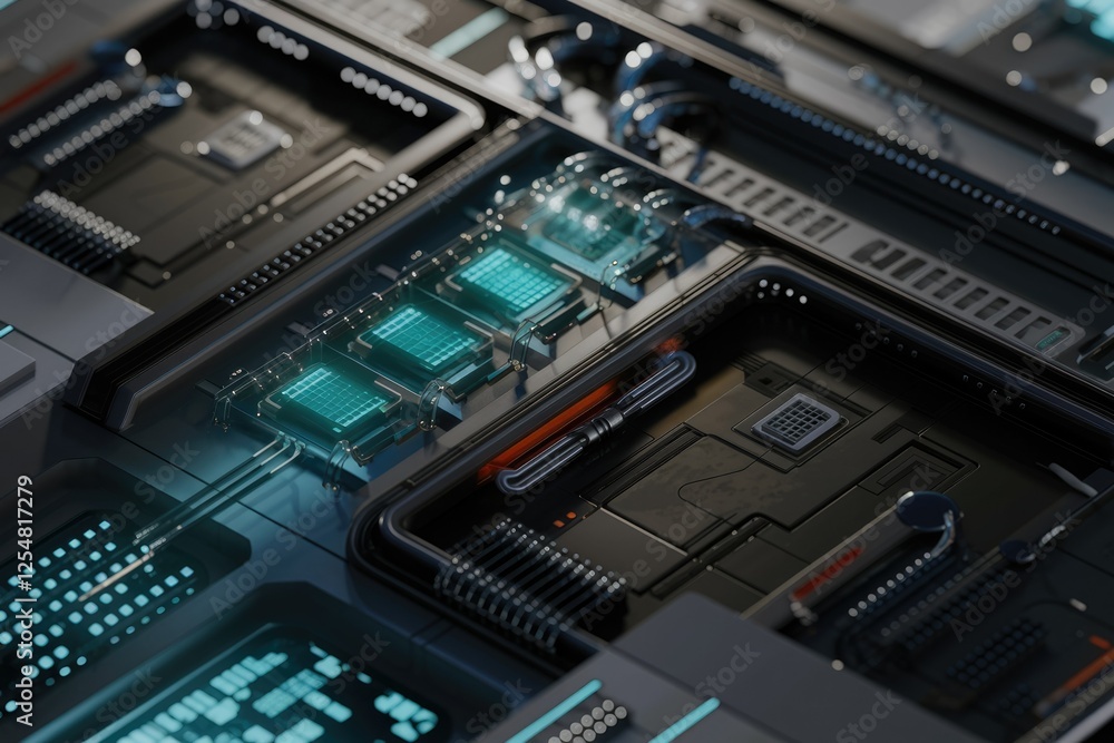 Poster Futuristic technological circuit board with glowing components, showcasing advanced digital hardware.
