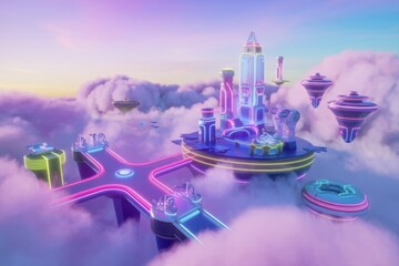 A futuristic city floats among the clouds, illuminated by vibrant neon lights.