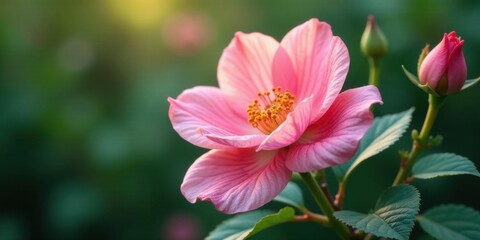 Delicate Pink Blossom in Soft Sunlight, Glowing Petals and Vibrant Stamen, Budding Growth on Lush Green Foliage