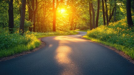 Obraz premium Serene winding road through a lush green forest at sunset, showcasing nature's beauty