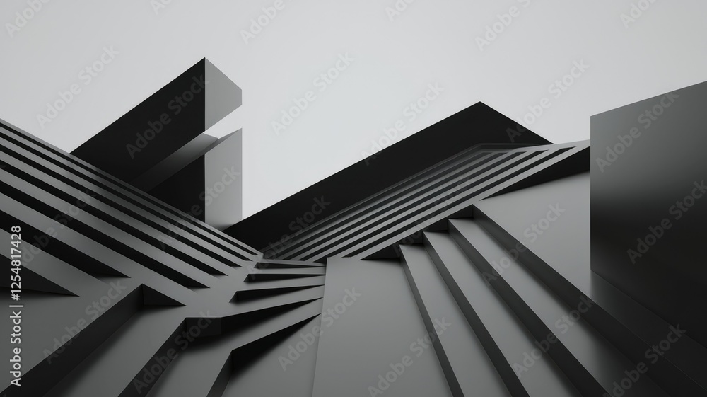 Fototapete Abstract grayscale 3D rendering of geometric shapes, creating a modern architectural composition.