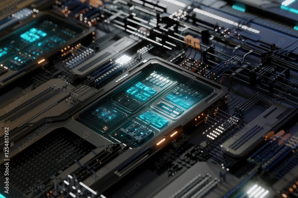 Poster Futuristic digital circuitry board with glowing cyan interfaces and intricate wiring.