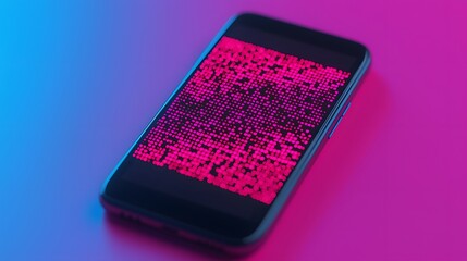 Intriguing Close-Up of a Smartphone Displaying a Colorful QR Code in a Vibrant Digital Atmosphere. Inventory Management, System, Management Concept