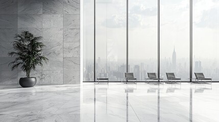 Modern office interior with large windows showcasing a city skyline and a potted plant