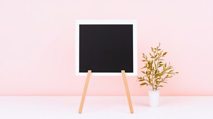 Minimalist blackboard on wooden easel against a pastel pink wall with a potted plant nearby