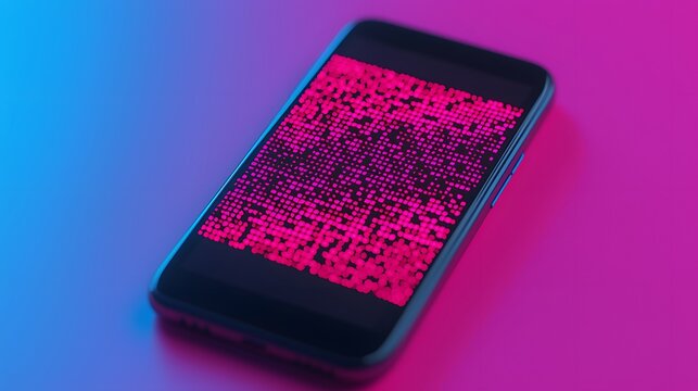 Intriguing Close-Up of a Smartphone Displaying a Colorful QR Code in a Vibrant Digital Atmosphere. Inventory Management, System, Management Concept