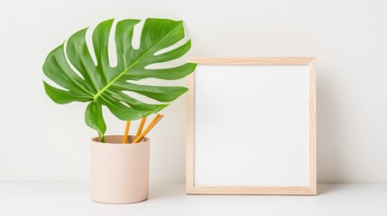 A minimalistic workspace featuring a large green leaf in a pot beside a blank picture frame
