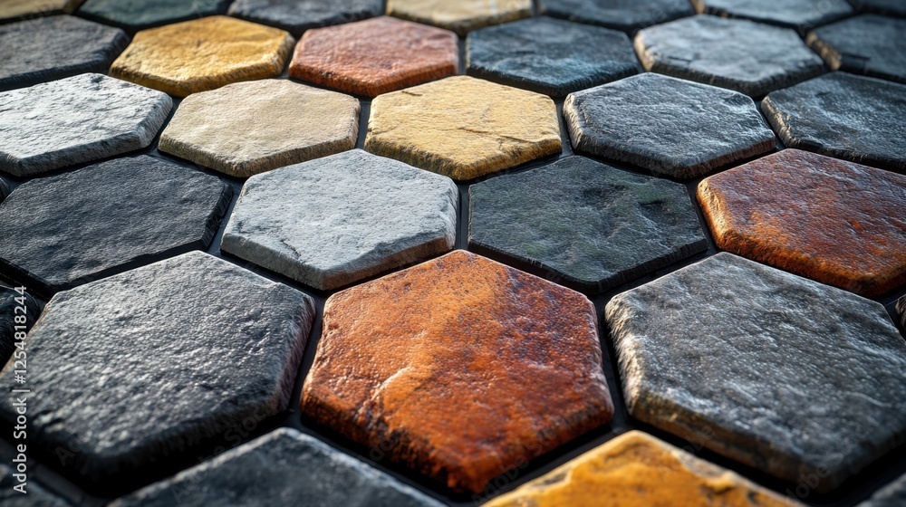 Poster unique hexagonal stone tiles create an artistic pattern in a contemporary outdoor space during golde
