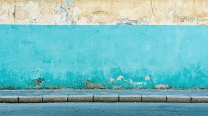 Vibrant blue and weathered yellow wall with cracked paint and textured surface in urban setting