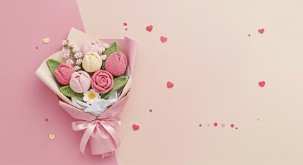 Romantic Valentine’s Day Flower Bouquet with Pink Tulips and Roses