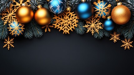 Fototapeta premium Festive gold & blue baubles, snowflakes, pine branches on dark background. Holiday card design