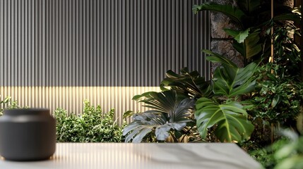 Modern indoor plant arrangement with textured wall, soft lighting, and lush greenery in background