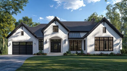 Obraz premium Modern Farmhouse Exterior: A stunning architectural rendering showcases a beautiful modern farmhouse with a white stucco exterior, black trim, and a sophisticated design.