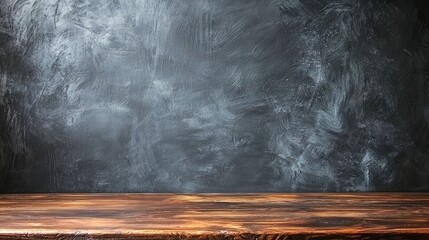 Rustic wooden table against a textured dark wall, ideal for product display or photography