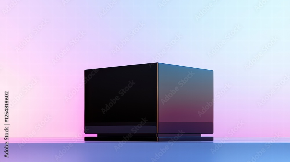 Poster black cube on gradient background: a sleek black cube stands out against a soft, ethereal gradient b