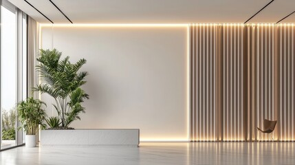 Modern minimalist interior design featuring a plant, soft lighting, and a serene atmosphere